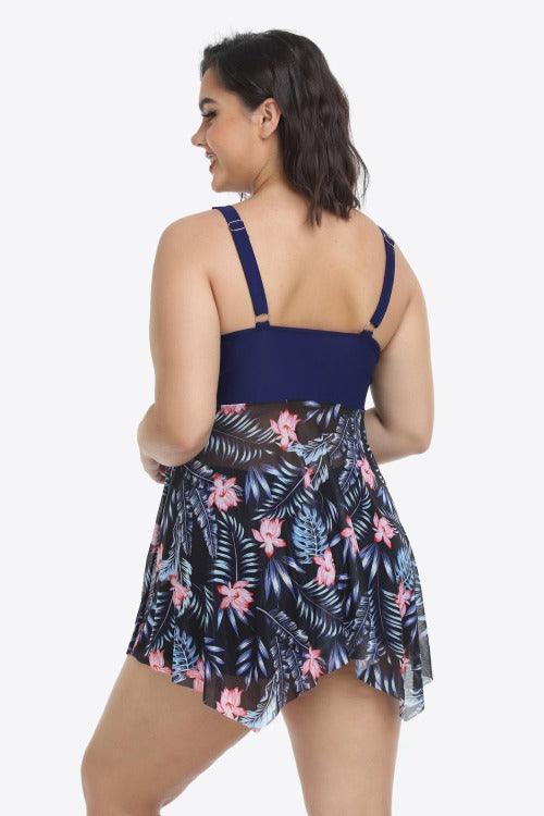 Women's Plus Floral Asymmetrical Hem Two-Piece Swimsuit Navy Back | SiAra Clothing Store, LLC
