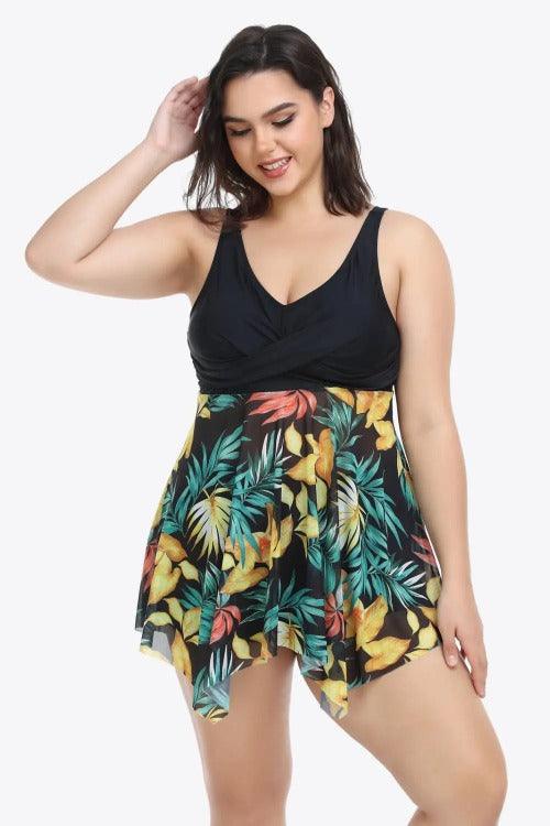 Women's Plus Floral Asymmetrical Hem Two-Piece Swimsuit Black | SiAra clothing Store, LLC