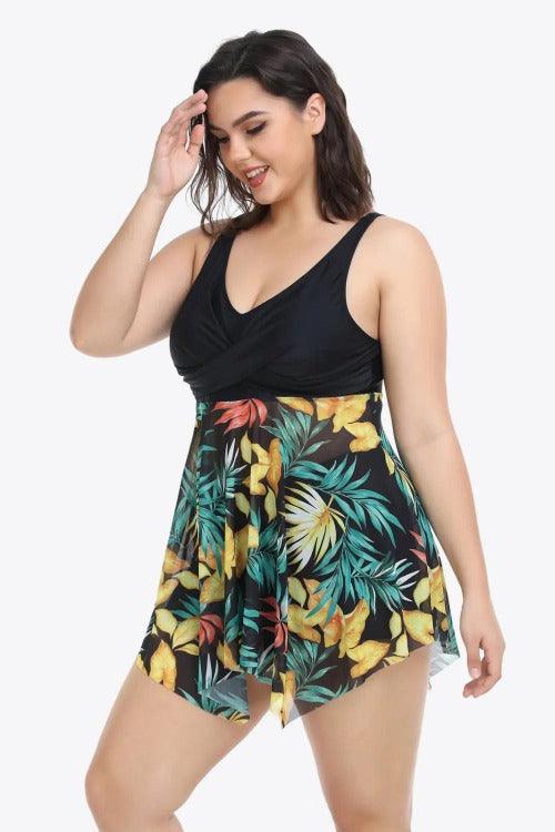 Women's Plus Floral Asymmetrical Hem Two-Piece Swimsuit Black Sided | SiAra clothing Store, LLC
