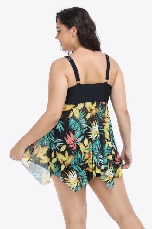 Women's Plus Floral Asymmetrical Hem Two-Piece Swimsuit Black Back | SiAra clothing Store, LLC