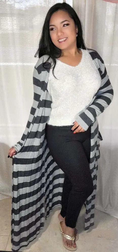 Plus Size Long Sleeves Grey Charcoal Stripes with Pockets Cardigan Sided | SiAra Clothing Store, LLC