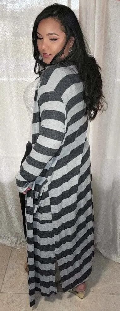 Plus Size Long Sleeves Grey Charcoal Stripes with Pockets Cardigan Back | SiAra Clothing Store, LLC