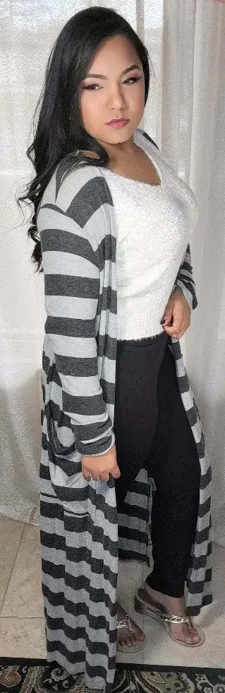 Plus Size Long Sleeves Grey Charcoal Stripes with Pockets Cardigan Side | SiAra Clothing Store, LLC