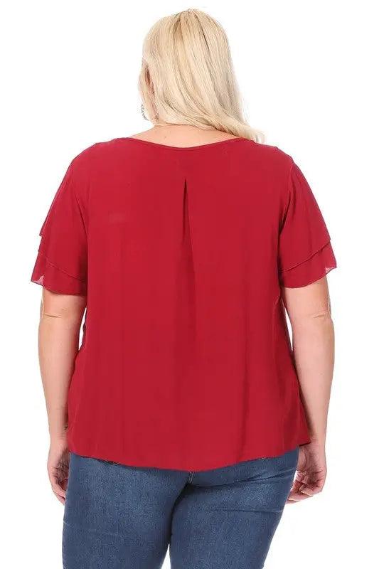 Plus size, short flutter sleeve keyhole blouse. Moa Collection