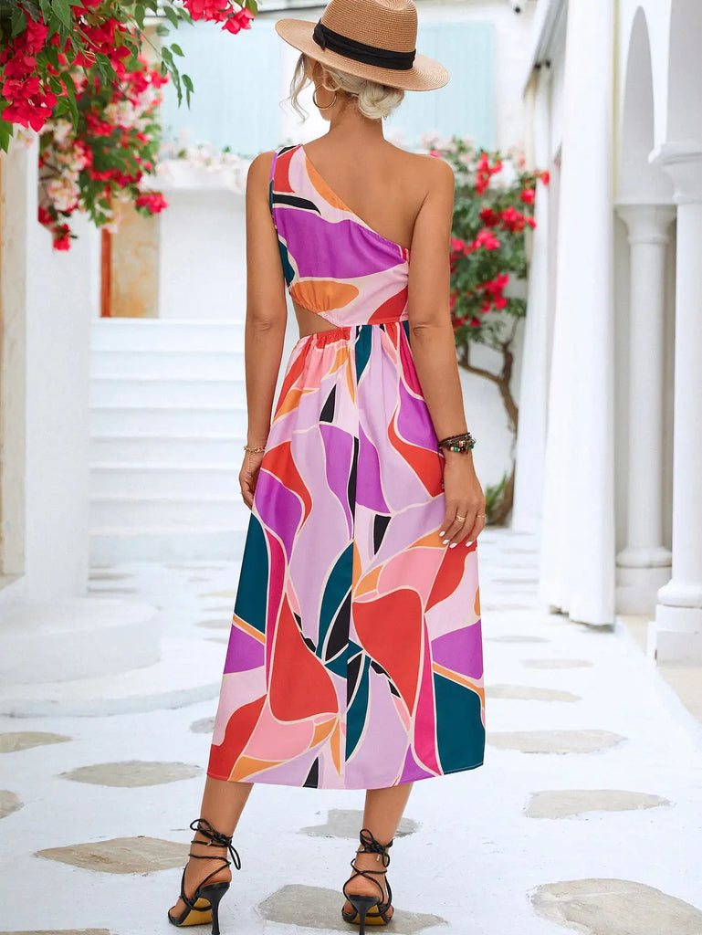 Printed Cutout One-Shoulder Sleeveless Dress Trendsi