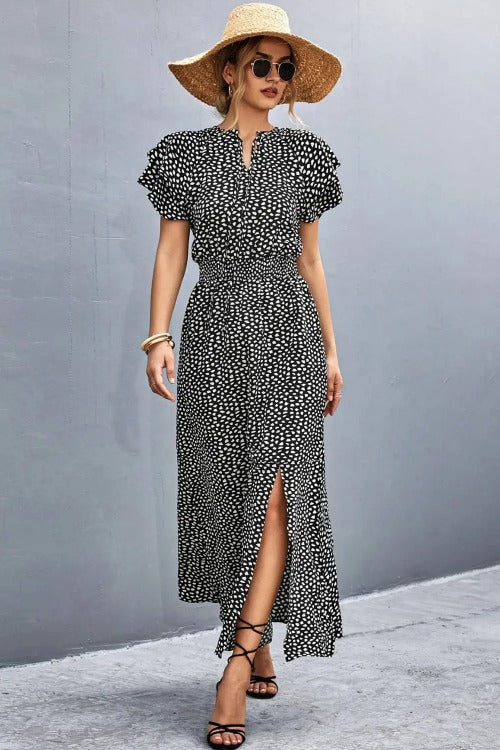 Casual Floral Midi Dress Side-Slit Black | SiAra Clothing Store, LLC