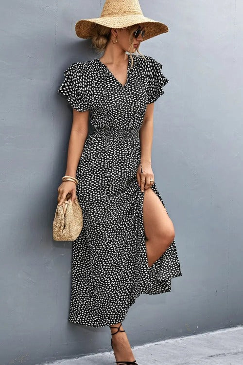 Casual Floral Midi Dress Side-Slit Black Sided | SiAra Clothing Store, LLC