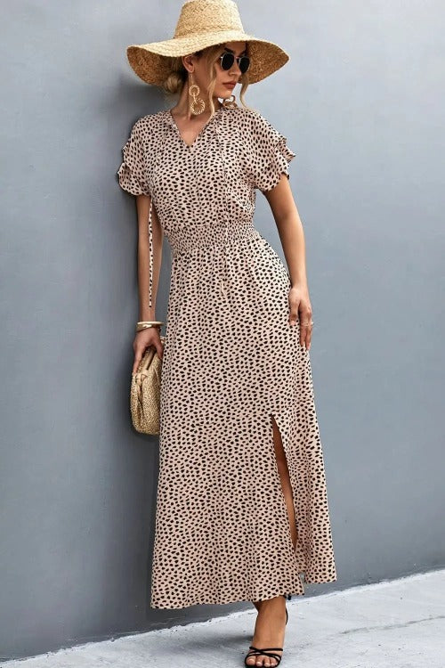 Casual Floral Midi Dress Side-Slit Sand | SiAra Clothing Store, LLC