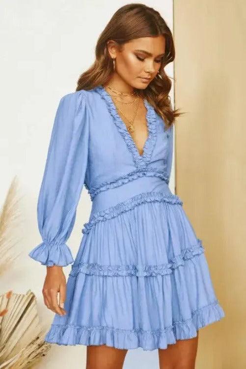 Open-Back  Ruffle Mini Dress | Long Sleeves Sky Blue | SiAra Clothing Store