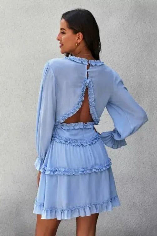 Open-Back  Ruffle Mini Dress | Long Sleeves Sky Blue | SiAra Clothing Store