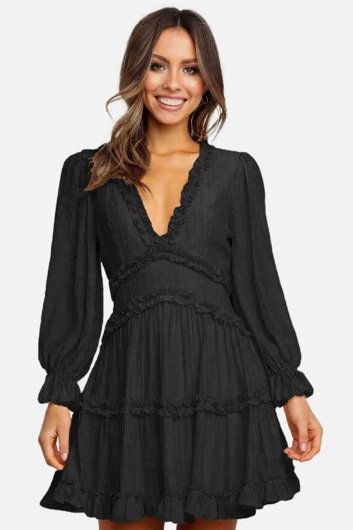 Open-Back  Ruffle Mini Dress | Long Sleeves Black | SiAra Clothing Store
