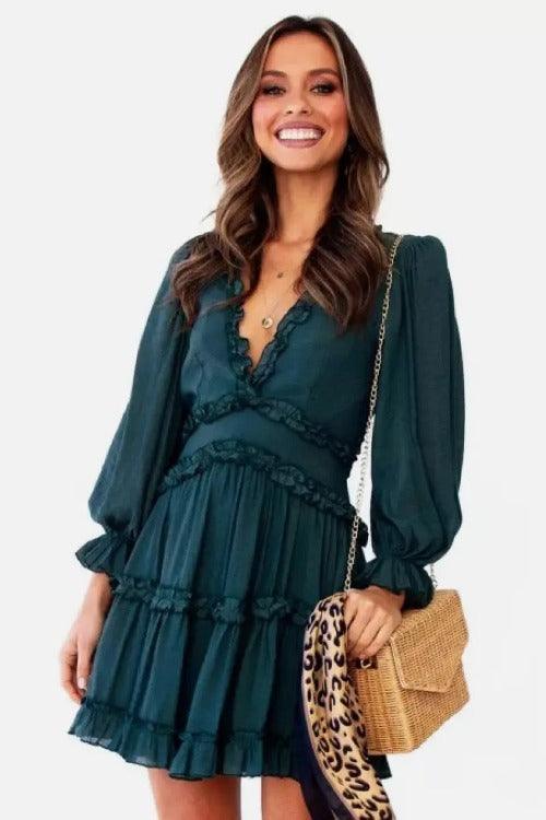 Open-Back  Ruffle Mini Dress | Long Sleeves Green  | SiAra Clothing Store