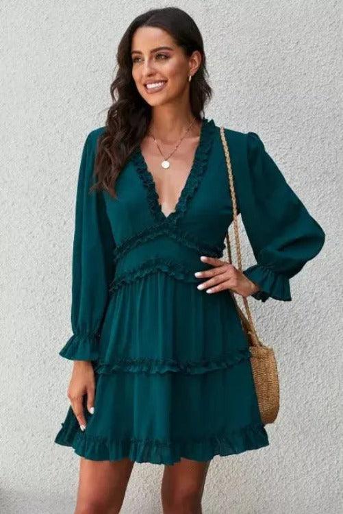 Open-Back  Ruffle Mini Dress | Long Sleeves Green | SiAra Clothing Store