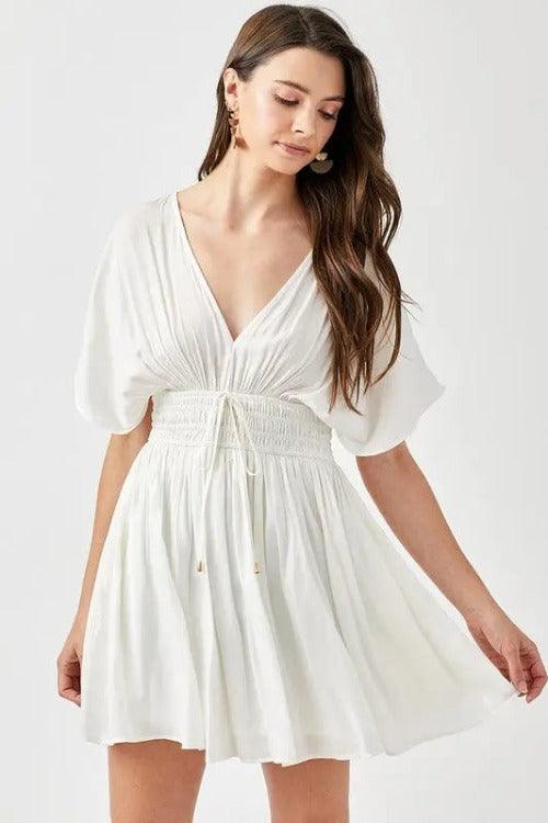 Mini Dress Smocked Waist Short Sleeve Cream White | SiAra Clothing Store,LLC