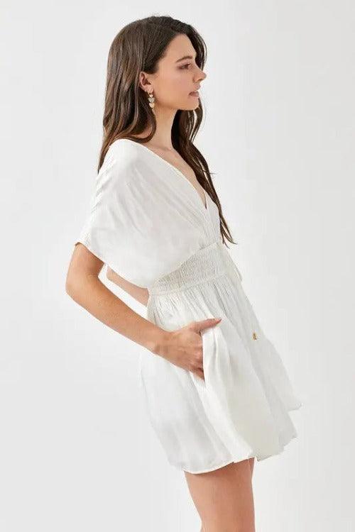 Mini Dress Smocked Waist Short Sleeve Cream White Side | SiAra Clothing Store,LLC