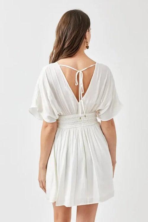 Mini Dress Smocked Waist Short Sleeve Cream White Back | SiAra Clothing Store,LLC