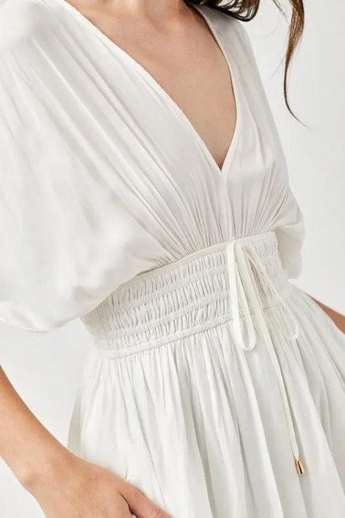 Mini Dress Smocked Waist Short Sleeve Cream White Front Closed-up | SiAra Clothing Store,LLC