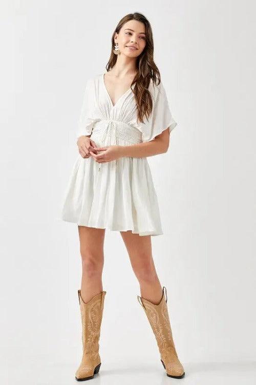 Mini Dress Smocked Waist Short Sleeve Cream White  Front | SiAra Clothing Store,LLC