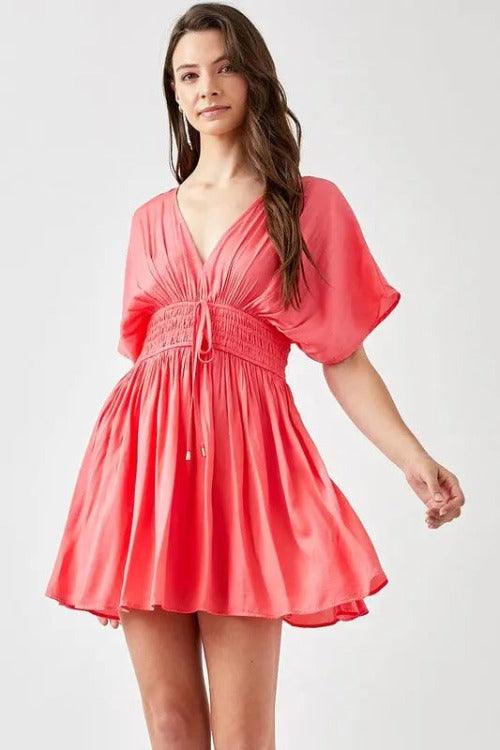 Mini Dress Smocked Waist Short Sleeve Calypso Coral | SiAra Clothing Store,LLC