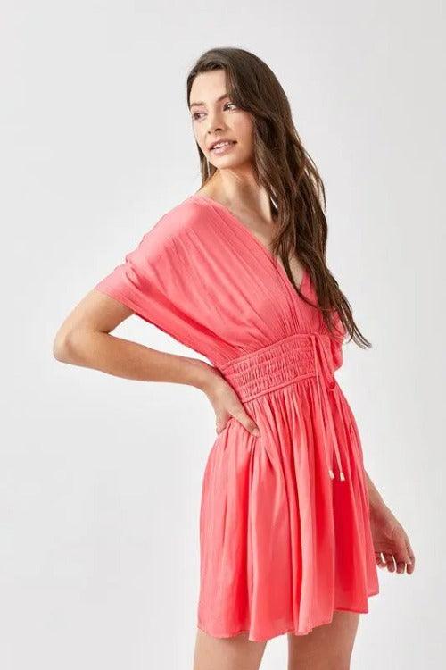Mini Dress Smocked Waist Short Sleeve Calypso Coral Side | SiAra Clothing Store,LLC