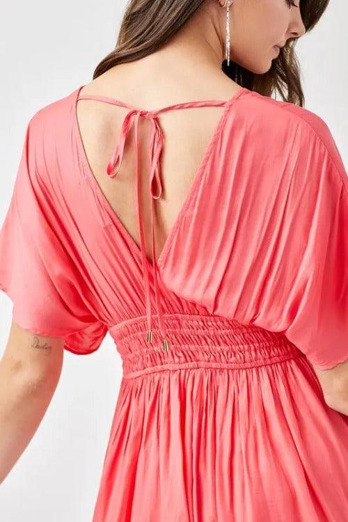 Mini Dress Smocked Waist Short Sleeve Calypso Coral Back Closed-up | SiAra Clothing Store,LLC