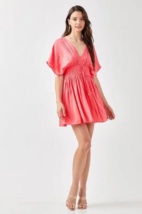 Mini Dress Smocked Waist Short Sleeve Calypso Coral Front | SiAra Clothing Store,LLC