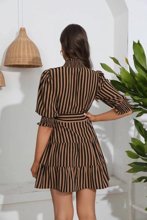 Women's Mini Dress Brown Stripped Belted Back | SiAra Clothing Store, LLC