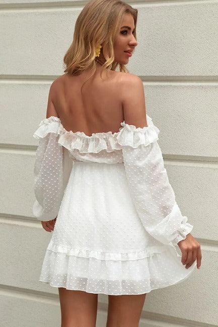 Women's Off-shoulder Mini dress | Long Sleeves Swiss dots White | SiAra Clothing Store