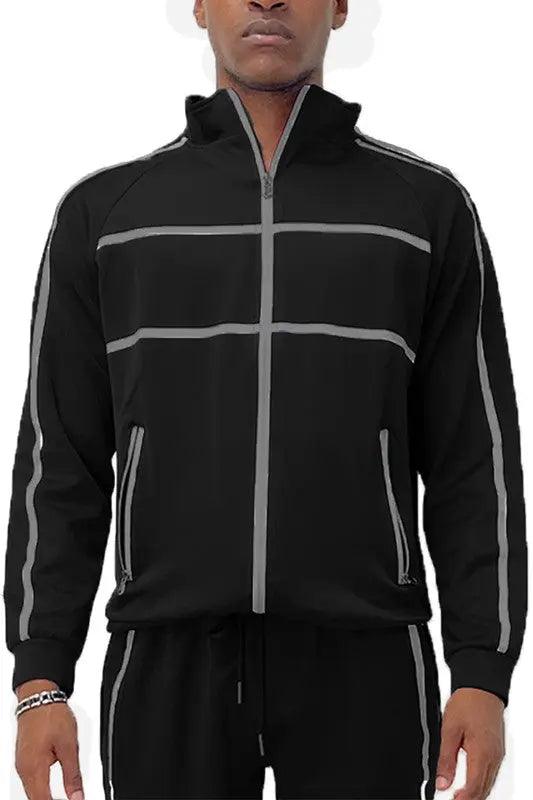 Men's Tape Stripe Track Jacket Black Front | SiAra Clothing Store