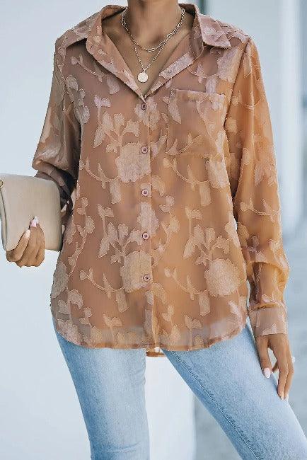Brown Long Sleeve Blouse | Buttoned with pockets | SiAra Clothing Store, LLC