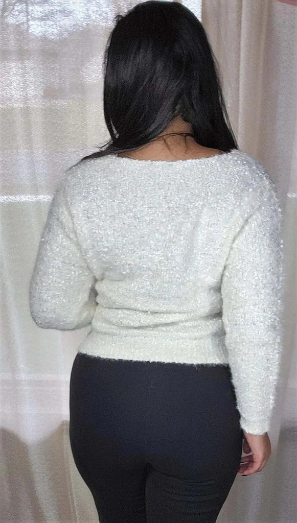 Women's Cream Long Sleeves Shimmery Sweater SiAra Clothing Store, LLC