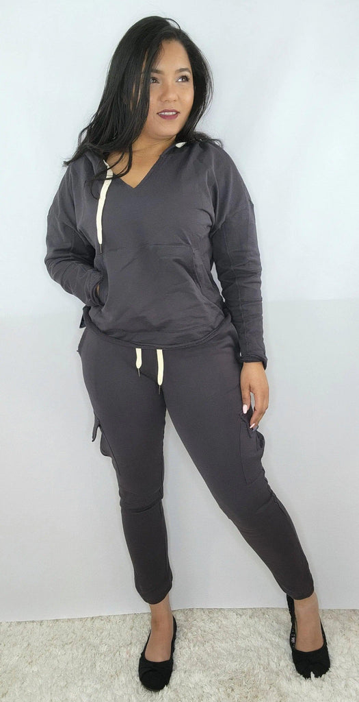 Women's Grey Solid Cargo Hooded Two Pcs Jogger Set SiAra Clothing Store, LLC