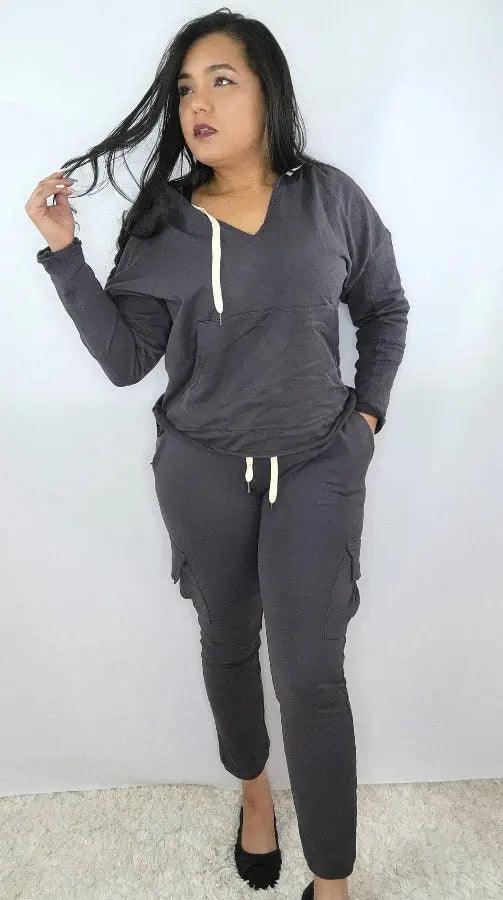 Women's Grey Solid Cargo Hooded Two Pcs Jogger Set SiAra Clothing Store, LLC