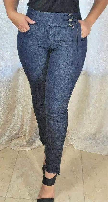Women's High Waist Belted with Pockets Blue Jeans SiAra Clothing Store, LLC