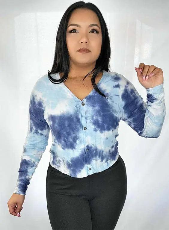 Women's Long Sleeves Blue Tie Dye Crop Top SiAra Clothing Store, LLC