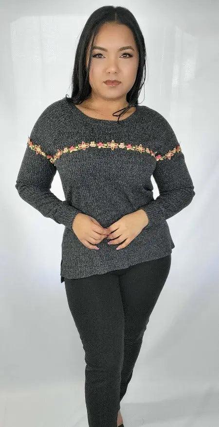 Women's Long Sleeves Flower Detail Dark Gray Sweater SiAra Clothing Store, LLC