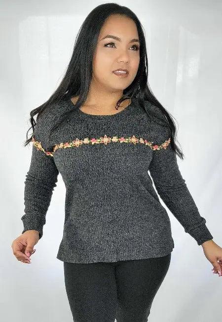 Women's Long Sleeves Flower Detail Dark Gray Sweater SiAra Clothing Store, LLC