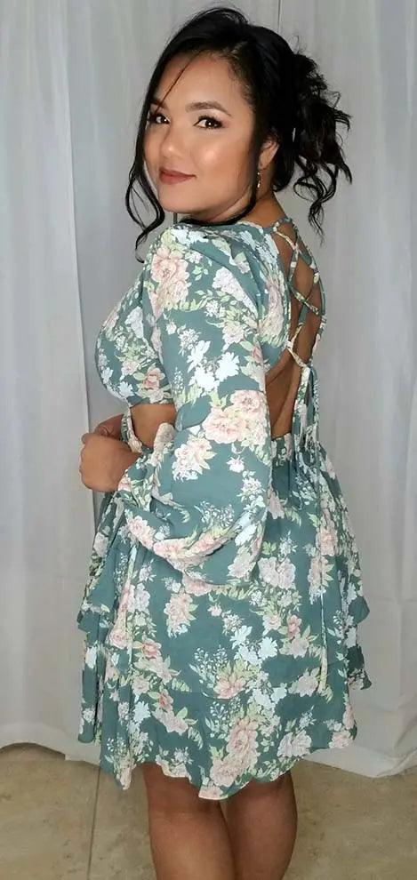 Women's Mini Dress Green Floral Tie Back Back | SiAra Clothing Store