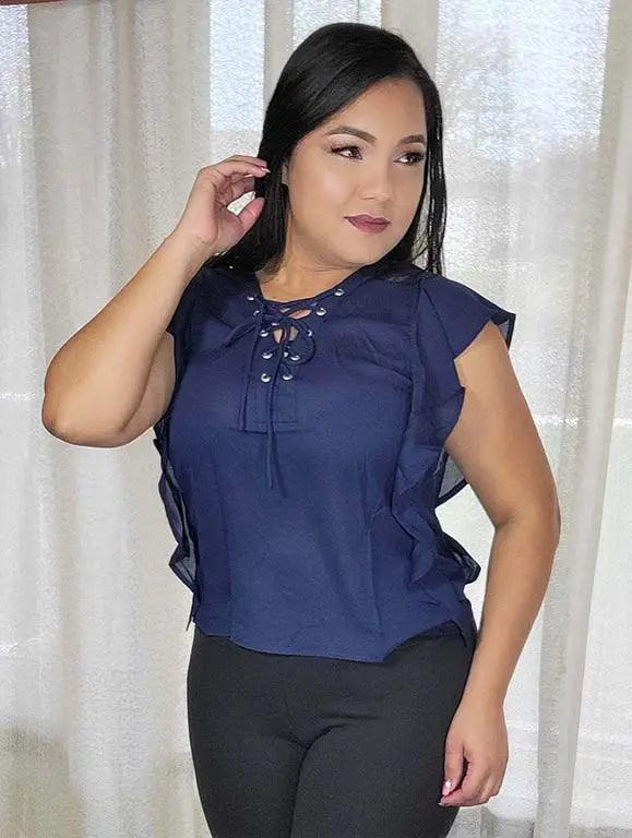 Women's Navy blue Blouse | Short Sleeve Ruffle Design SiAra Clothing Store, LLC