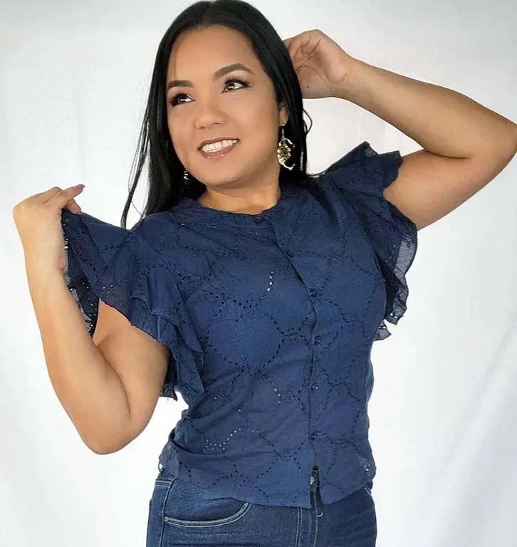 Women's Short Ruffle Sleeves Button Up Navy Blouse SiAra Clothing Store, LLC