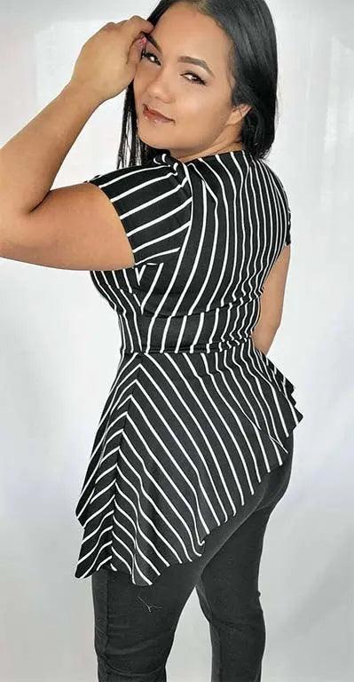 Women's Short Sleeves Asymmetrical Striped Black Blouse SiAra Clothing Store, LLC