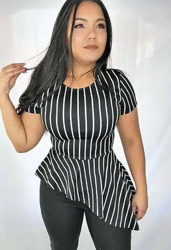 Women's Short Sleeves Asymmetrical Striped Black Blouse SiAra Clothing Store, LLC