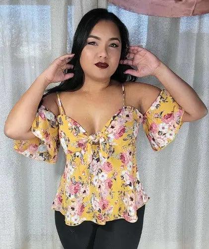 Women's Spaghetti Straps Off Shoulder Tie Knot Floral Yellow Blouse SiAra Clothing Store, LLC