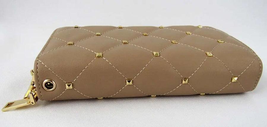 Wristlet Wallet Taupe Stud Accent Double Zipper | SiAra Clothing Store